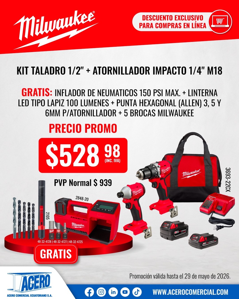 COMBO KIT TALADRO 1/2" + ATORNILLADOR IMPACTO 1/4" M18 3693-22CX + INFLADOR + LINTERNA + PUNTAS + BROCAS