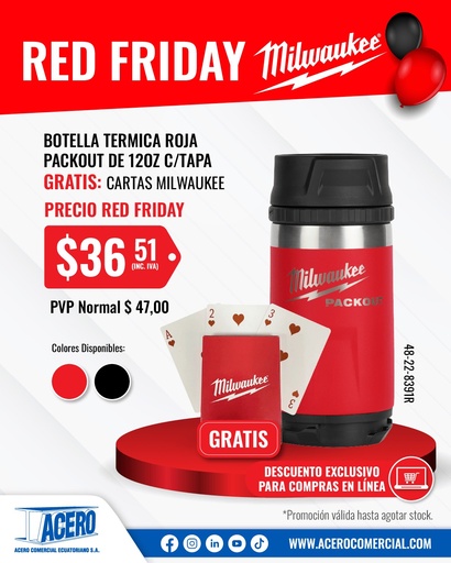 [48-22-8391R] BOTELLA TERMICA ROJA PACKOUT DE 12OZ C/TAPA 48-22-8391R