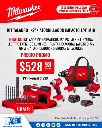 [3693-22CX] COMBO KIT TALADRO 1/2" + ATORNILLADOR IMPACTO 1/4" M18 3693-22CX + INFLADOR + LINTERNA + PUNTAS + BROCAS