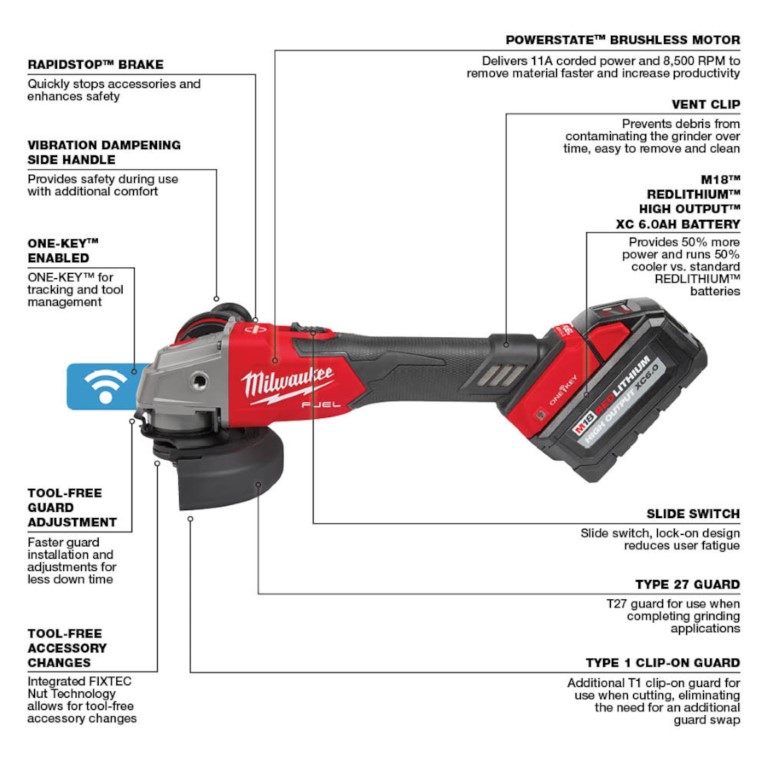 AMOLADORA CON FRENO M18 FUEL™ DE 4-1/2&quot; / 5&quot; CON INTERRUPTOR DESLIZANTE ONE-KEY™, SIN BLOQUEO (2883-22) MILWAUKEE