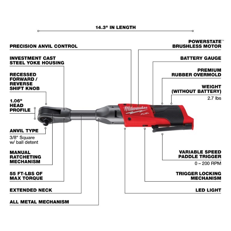 TRINQUETE DE ALCANCE EXTENDIDO M12 FUEL™ DE 3/8" (2560-20) MILWAUKEE