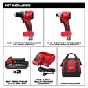 KIT TALADRO/DESTORNILLADOR 1/2"  - DESTORNILLADOR DE IMPACTO HEXAGONAL 1/4" M18™ SIN ESCOBILLAS CON BATERIAS DE 2 AMP (3692-22CT) MILWAUKEE