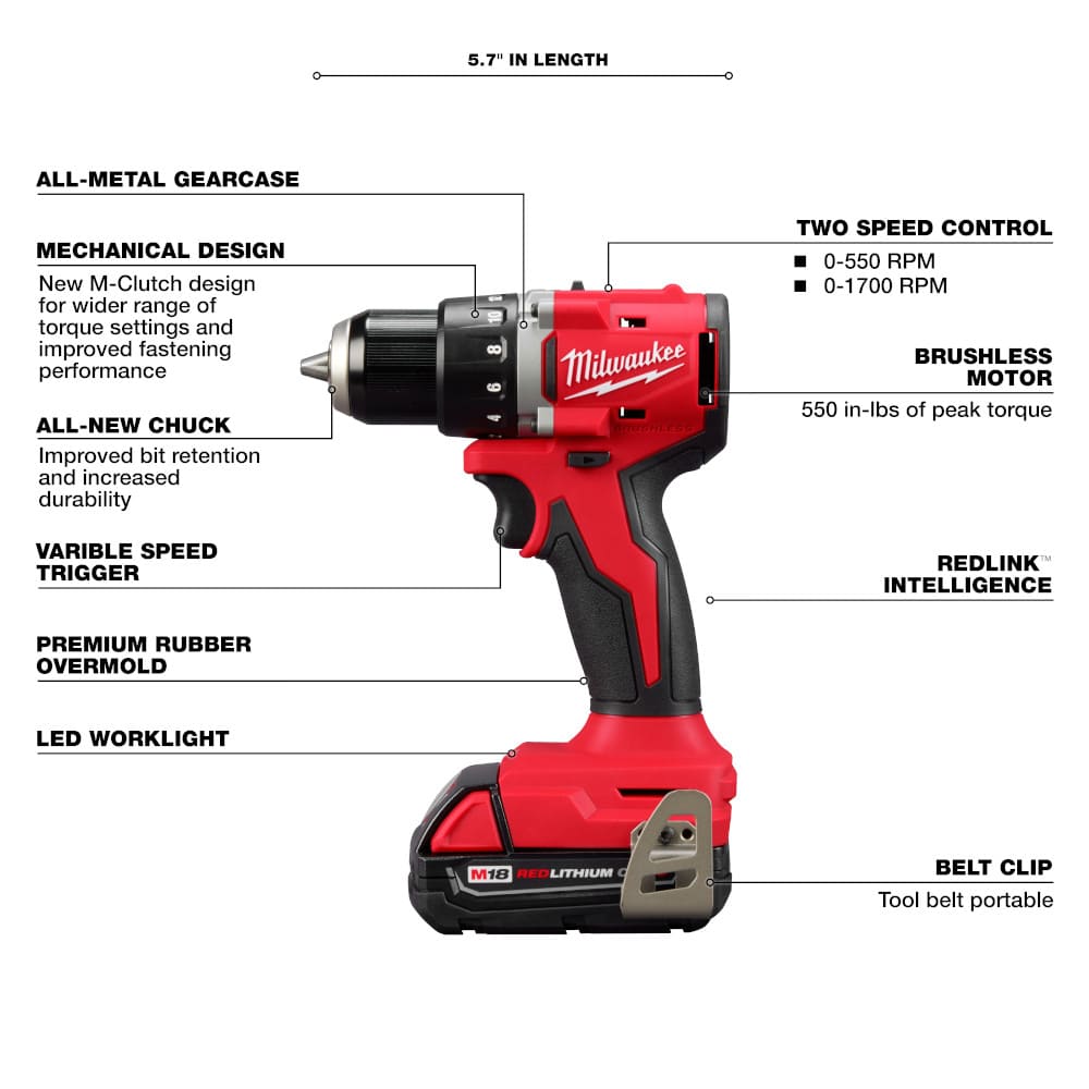 KIT TALADRO/DESTORNILLADOR 1/2"  - DESTORNILLADOR DE IMPACTO HEXAGONAL 1/4" M18™ SIN ESCOBILLAS CON BATERIAS DE 2 AMP (3692-22CT) MILWAUKEE