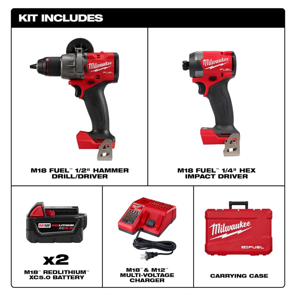 KIT TALADRO PERCUTOR/ATORNILLADOR 1/2" - DESTORNILLADOR DE IMPACTO HEXAGONAL 1/4" M18 FUEL™ CON BATERIAS DE 5 AMP (3697-22) MILWAUKEE