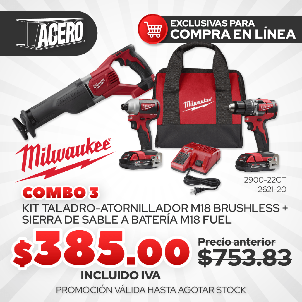 COMBO 3 KIT TALADRO-ATORNILLADOR 2900-22CT M18 BRUSHLESS+SIERRA DE SABLE A BATERIA 2621-20 M18 FUEL