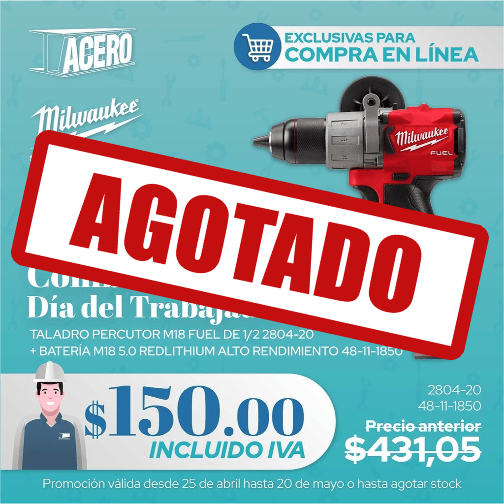 TALADRO INALÁMBRICO PERCUTOR 1/2" MILWAUKEE M18 SIN CARBONES FUEL  18V CON BATERÍA 5 AMP (2804-22) (copia)