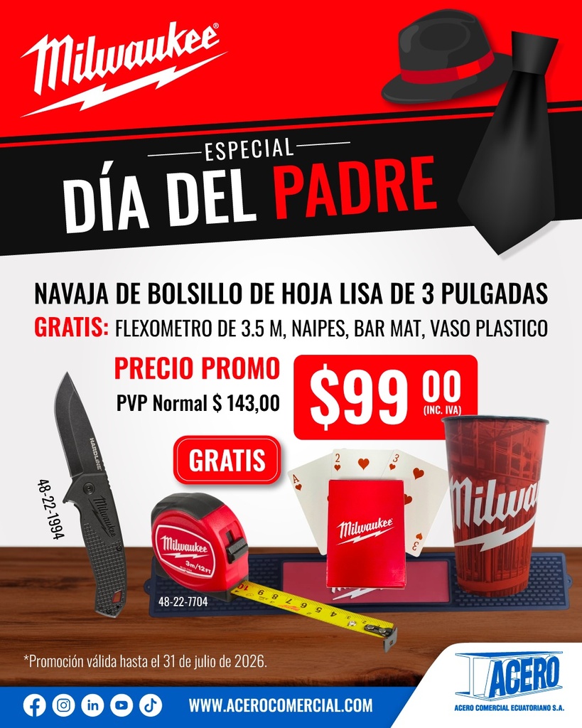 NAVAJA DE BOLSILLO DE HOJA LISA HARDLINE™ DE 3” (48-22-1994) MILWAUKEE