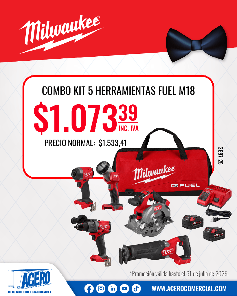 KIT TALADRO PERCUTOR 1/2" -ATORNILLADOR DE IMPACTO 1/4" M18 SIN CARBONES FUEL 18V CON BATERÍAS DE 5 AMP (2997-22) MILWAUKEE (copia)