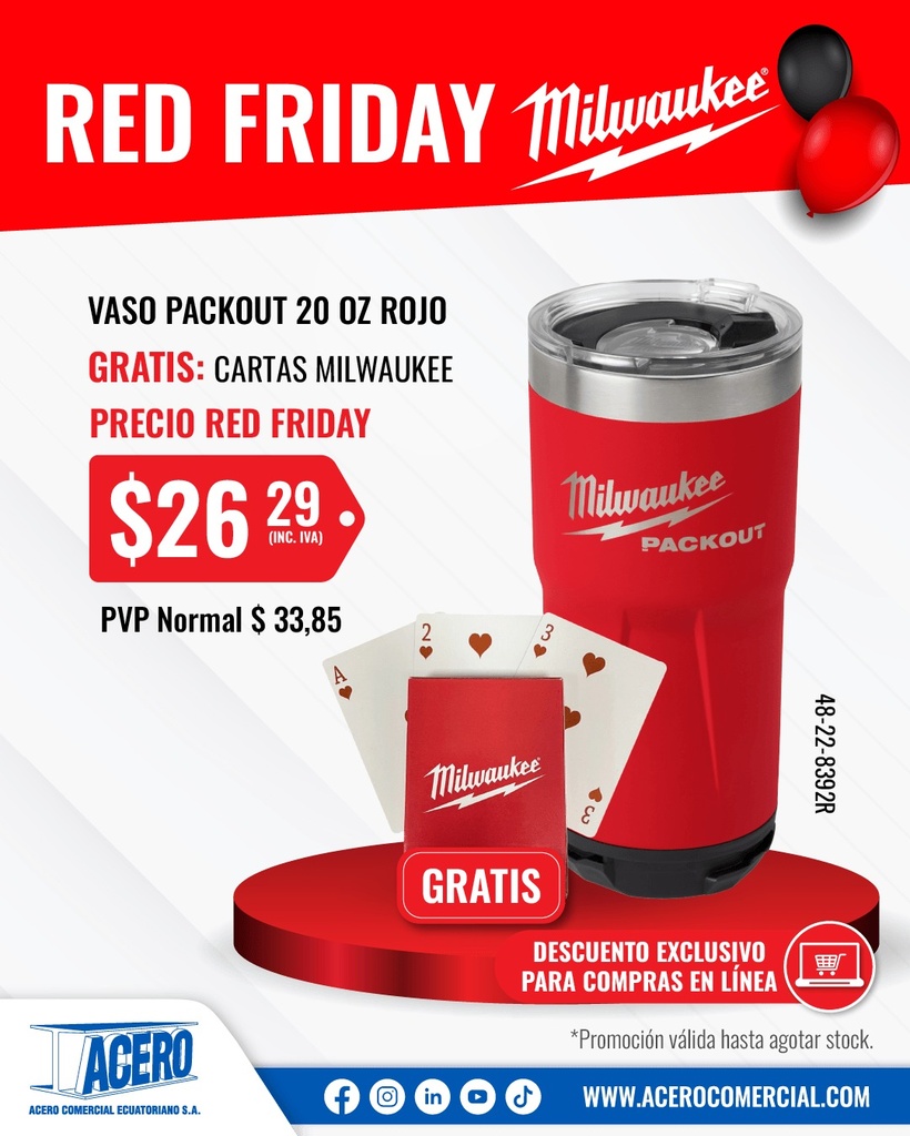 VASO PACKOUT 20 OZ ROJO (48-22-8392R) MILWAUKEE
