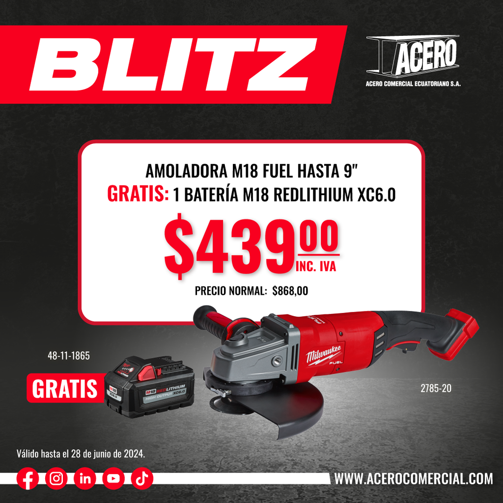 COMBO | AMOLADORA M18 FUEL HASTA 9" GRATIS: 1 BATERÍA M18 REDLITHIUM XC6.0 (2785-20) MILWAUKEE