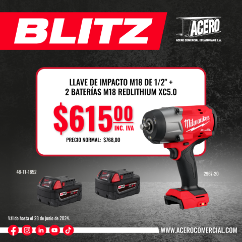 COMBO | LLAVE DE IMPACTO M18 DE 1/2" +  2 BATERÍAS M18 REDLITHIUM XC5.0 (2967-20) MILWAUKEE