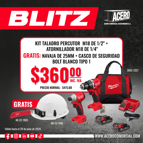 COMBO | KIT TALADRO PERCUTOR  M18 DE 1/2" +  ATORNILLADOR M18  de 1/4" GRATIS: NAVAJA DE 25mm + CASCO DE SEGURIDAD BOLT BLANCO TIPO 1 (3692-22CT) MILWAUKEE