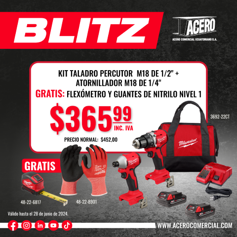 COMBO | KIT TALADRO PERCUTOR  M18 DE 1/2" +  ATORNILLADOR M18  de 1/4" GRATIS: FLEXOMETRO Y GUANTES DE NITRILO NIVEL 1 (3692-22CT) MILWAUKEE