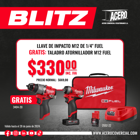 COMBO | LLAVE DE IMPACTO M12 DE 1/4" FUEL GRATIS: TALADRO ATORNILLADOR M12 FUEL (2552-22) MILWAUKEE
