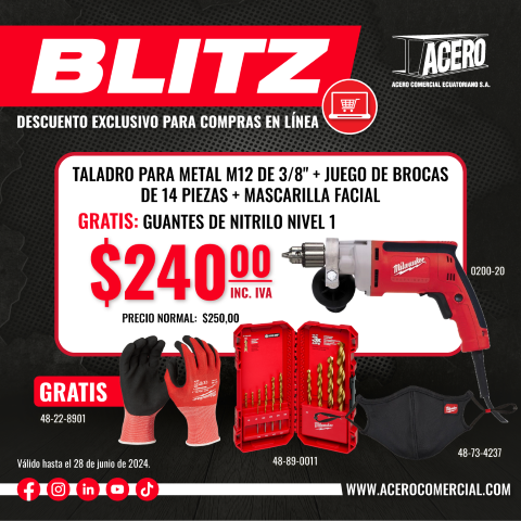COMBO | TALADRO PARA METAL M12 DE 3/8" + JUEGO DE BROCAS DE 14 PIEZAS + MASCARILLA FACIAL GRATIS: GUANTES DE NITRILO NIVEL 1 (0200-20) MILWAUKEE