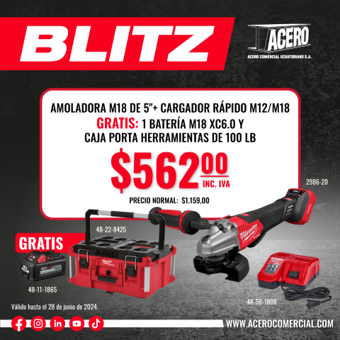 COMBO | AMOLADORA M18 DE 5"+ CARGADOR RAPIDO M12/M18 GRATIS: 1 BATERÍA M18 XC6.0 Y CAJA PORTA HERRAMIENTAS DE 100 LB (2986-20) MILWAUKEE