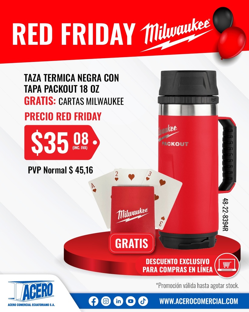 TAZA TERMICA PACKOUT™ 18 OZ ROJA (48-22-8394R) MILWAUKEE