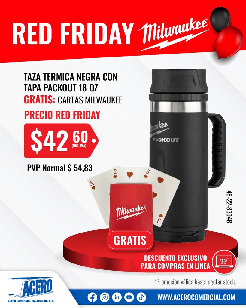 TAZA TERMICA PACKOUT™ 18 OZ NEGRA (48-22-8394B) MILWAUKEE