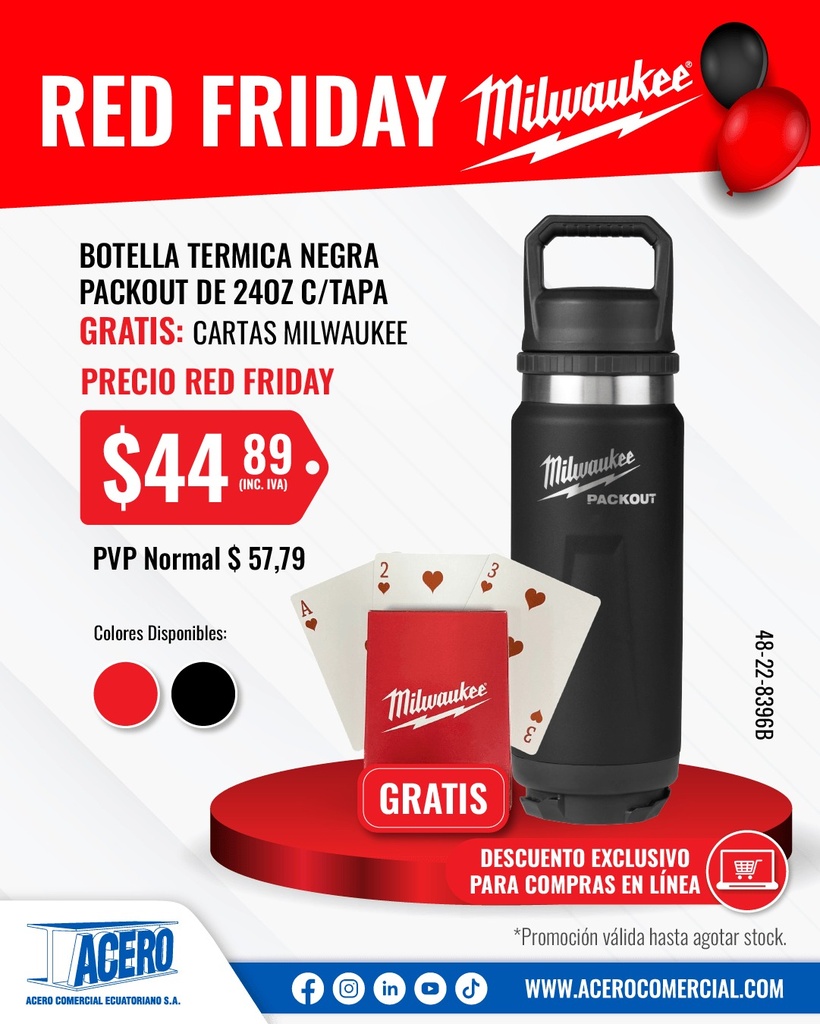 BOTELLA TERMICA PACKOUT™ 24 OZ NEGRA (48-22-8396B) MILWAUKEE