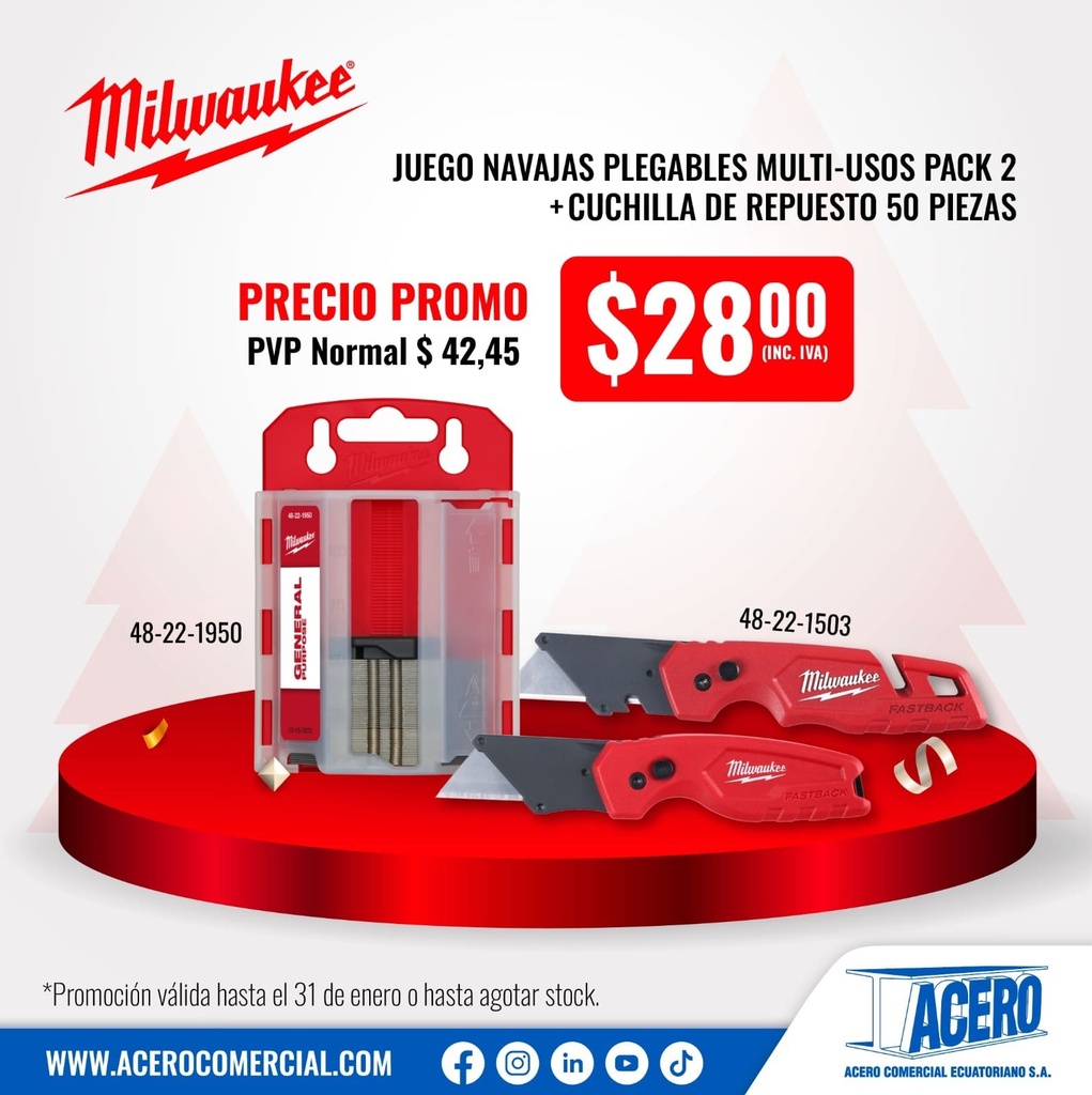 COMBO | JUEGO DE NAVAJAS MULTIUSOS PLEGABLES FASTBACK™ (48-22-1503) GRATIS: JUEGO DE 50 CUCHILLAS MULTIUSOS CON DISPENSADOR (48-22-1950) MILWAUKEE