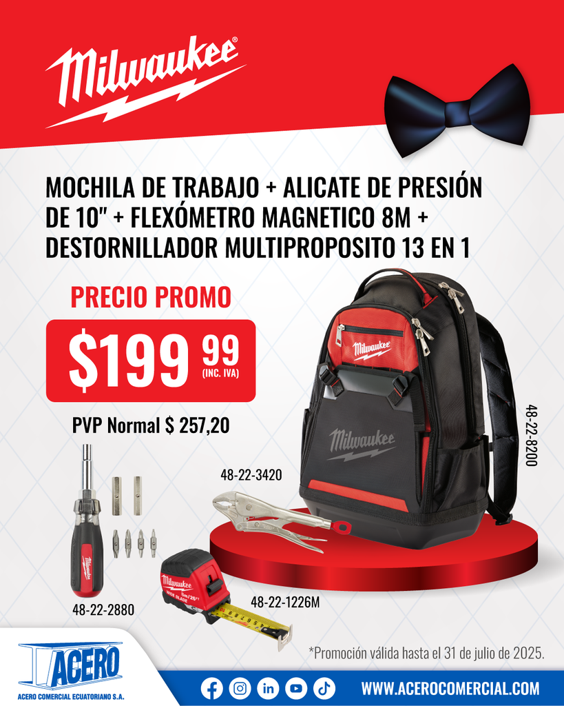 COMBO | MOCHILA PARA SITIO DE TRABAJO (48-22-8200) GRATIS: LINTERNA LED CON CABEZA GIRATORIA (2113-21) MILWAUKEE