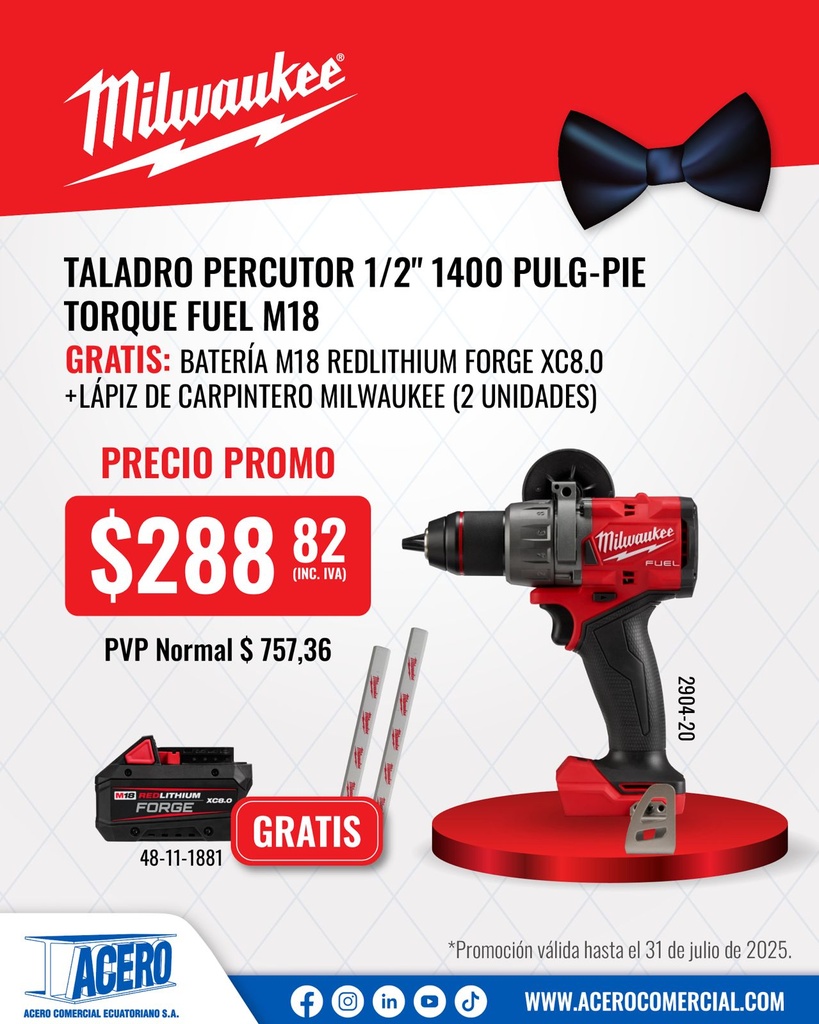 TALADRO INALÁMBRICO PERCUTOR 1/2" M18 SIN CARBONES FUEL  18V CON BATERÍA 5 AMP (2904-22) MILWAUKEE (copia)