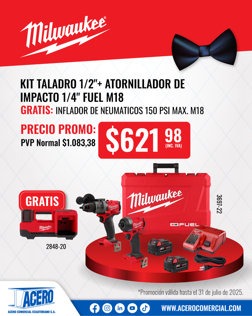 KIT TALADRO PERCUTOR/ATORNILLADOR 1/2" - DESTORNILLADOR DE IMPACTO HEXAGONAL 1/4" M18 FUEL™ CON BATERIAS DE 5 AMP (3697-22) MILWAUKEE (copia)