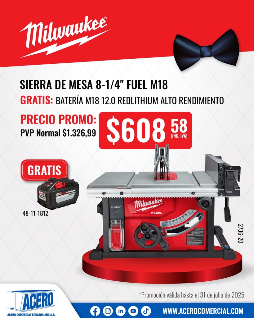 SIERRA DE MESA M18 FUEL™ DE 8-1/4" CON KIT ONE-KEY™ (2736-21HD) MILWAUKEE (copia)