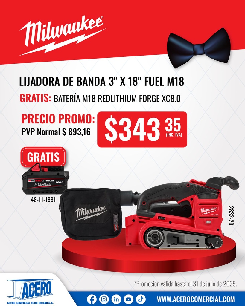 LIJADORA DE BANDA M18 FUEL™ DE 3"X18" (2832-20) MILWAUKEE (copia)