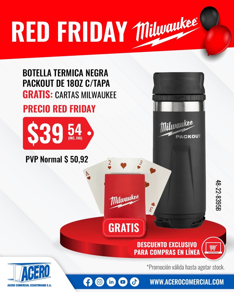 BOTELLA TERMICA NEGRA PACKOUT DE 18OZ C/TAPA 48-22-8395B