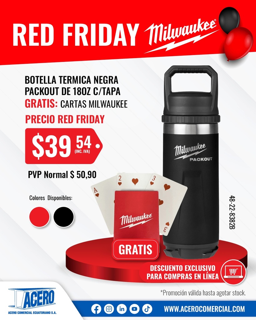 BOTELLA TERMICA NEGRA PACKOUT DE 18OZ C/TAPA 48-22-8382B