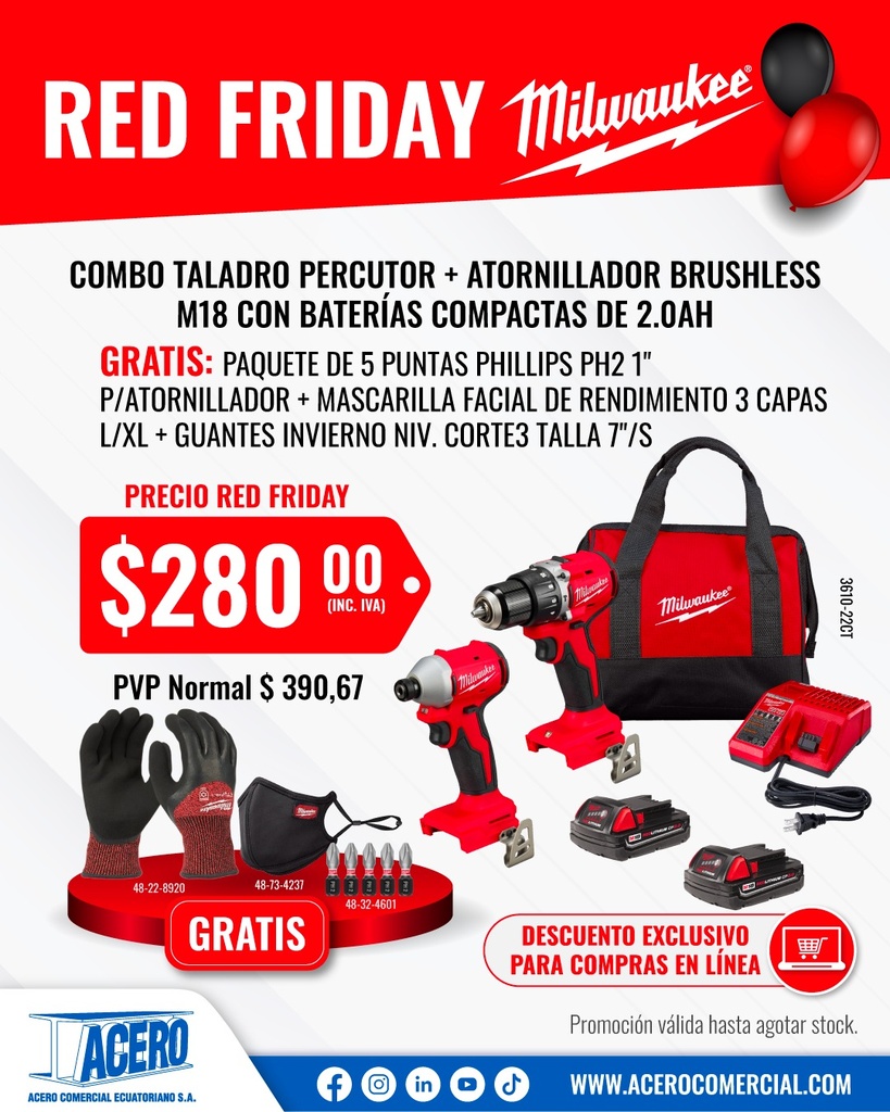 KIT TALADRO 1/2" + ATORNILLADOR IMPACTO 1/4" M18 3610-22CT