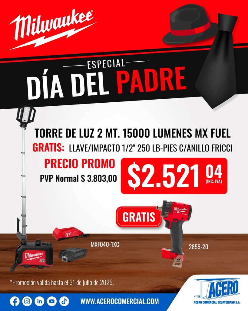 TORRE DE LUZ 2 MT. 15000 LUMENES MX FUEL (MXF040-1XC) MILWAUKEE