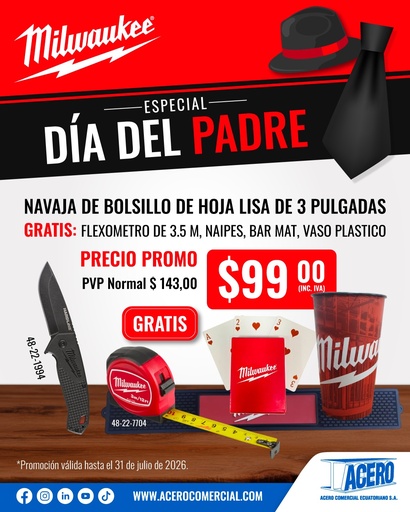 [48-22-1994] NAVAJA DE BOLSILLO DE HOJA LISA HARDLINE™ DE 3” (48-22-1994) MILWAUKEE