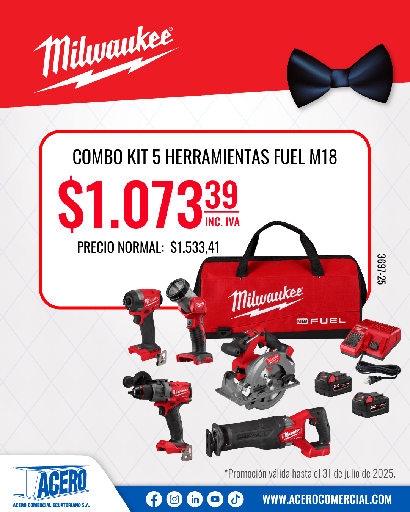 [3697-25] KIT COMBO DE 5 HERRAMIENTAS A BATERÍA (3697-25) MILWAUKEE