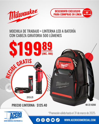COMBO | MOCHILA PARA SITIO DE TRABAJO (48-22-8200) GRATIS: LINTERNA LED CON CABEZA GIRATORIA (2113-21) MILWAUKEE