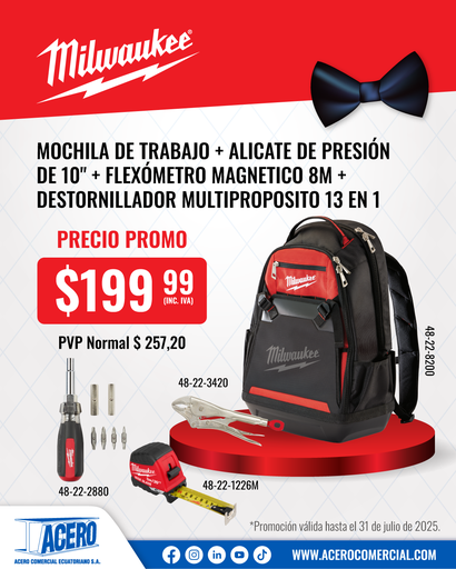 COMBO | MOCHILA PARA SITIO DE TRABAJO (48-22-8200) GRATIS: LINTERNA LED CON CABEZA GIRATORIA (2113-21) MILWAUKEE