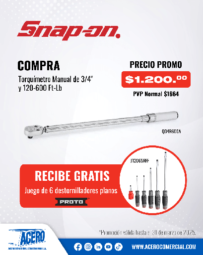 COMBO | TORQUIMETRO MANDO 3/4" 120-600 LB-PIE (QD4R600A) GRATIS: JUEGO DE 6 DESTORNILLADORES PLANOS (J1206SRFF) SNAP-ON