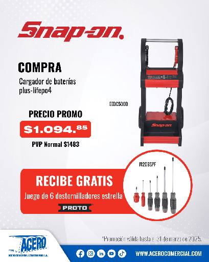 COMBO | CARGADOR DE BATERIAS PLUS-LIFEPO4 (EEBC500B) GRATIS: JUEGO DE 6 DESTORNILLADORES PLANOS (J1206SRFF) SNAP-ON