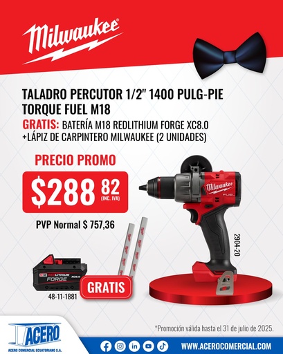 TALADRO INALÁMBRICO PERCUTOR 1/2" M18 SIN CARBONES FUEL  18V CON BATERÍA 5 AMP (2904-22) MILWAUKEE (copia)