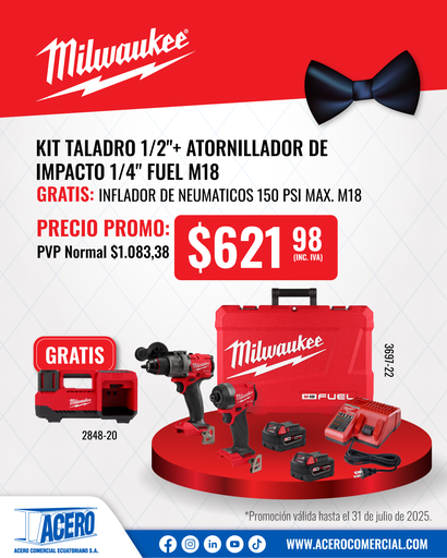 KIT TALADRO PERCUTOR/ATORNILLADOR 1/2" - DESTORNILLADOR DE IMPACTO HEXAGONAL 1/4" M18 FUEL™ CON BATERIAS DE 5 AMP (3697-22) MILWAUKEE (copia)
