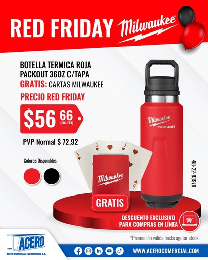 [48-22-8397R] BOTELLA TERMICA ROJA PACKOUT 36OZ C/TAPA 48-22-8397R