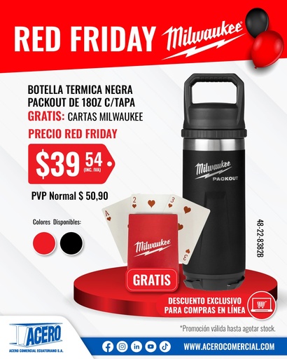 [48-22-8382B] BOTELLA TERMICA NEGRA PACKOUT DE 18OZ C/TAPA 48-22-8382B