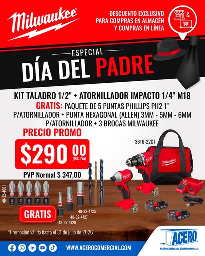 [3610-22CT] KIT TALADRO 1/2" + ATORNILLADOR IMPACTO 1/4" M18 (3610-22CT) MILWAUKEE